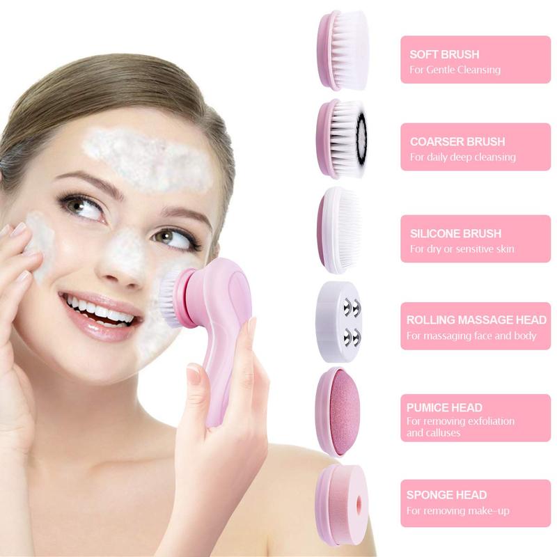 6 in 1 Skin Care Massage Brush Facial Cleaning Brush, 1 Set Skin Pore Cleaner, Facial Cleanser, Gift for Women, Skin Care Tool