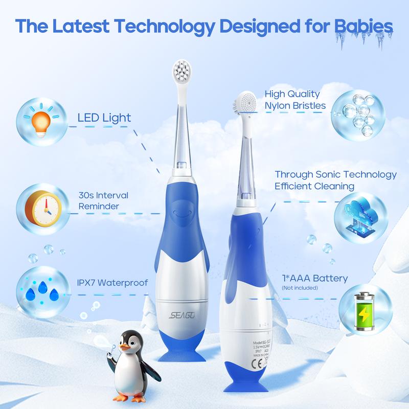 SEAGO Toddler Electric Toothbrush for Ages 1-3 Years,Baby Electric Toothbrush with Smart LED Timer and Sonic Technology,4 Brush Heads electric toothbrush