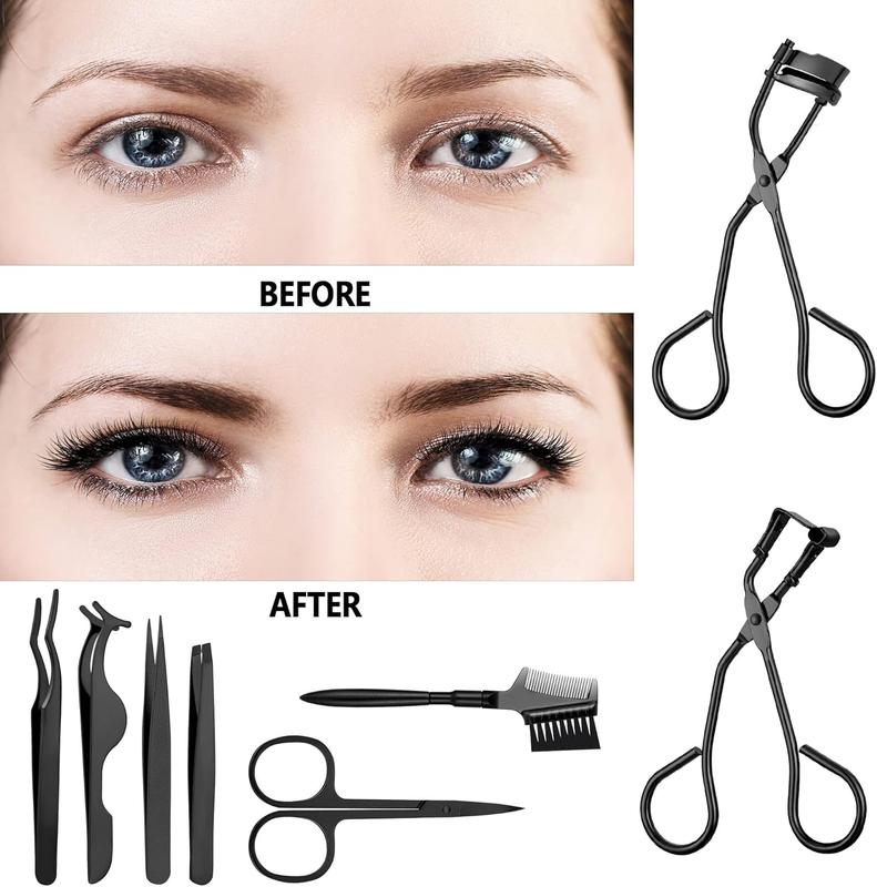 48 count Eyelash Curler Makeup Tools Set, Include Mini Eyelash Curler Kit, Eyebrow and Eyelash Extension Tweezers, Eyelash Eyebrow Brush Comb and Eyelashes ,  Refill Pads (Black)