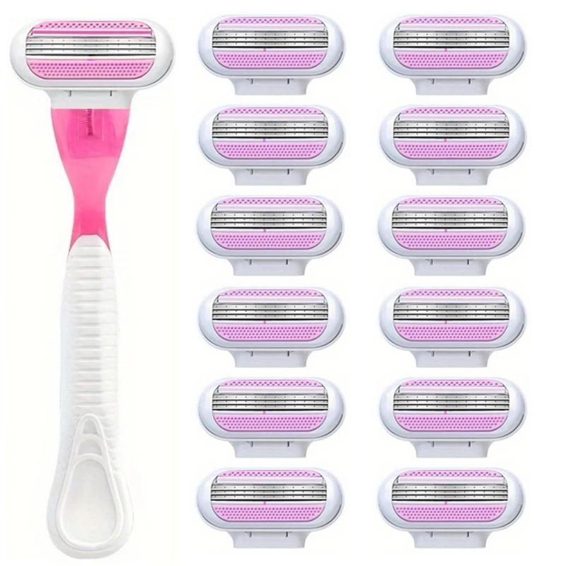 Women's Safety Razor Blades for Face Leg Armpit Bikini, 1 Count Razor Holder with 12pcs Detachable Reusable Blades, Hair Removal Shaving Tool for Women