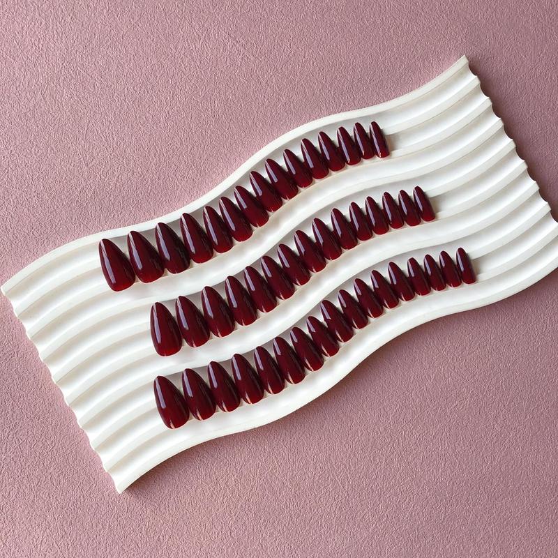 48Pcs Burgundy Press on Nails Almond Fake Nails Glue on Nails Medium Length Almond Shaped Nails Press ons, Stiletto False Nails for Women, Dark Red Medium Almond Nails, Thick Natural Acrylic Gel Nails