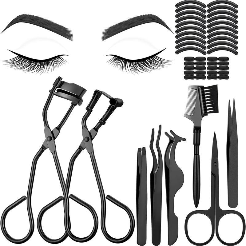 48 count Eyelash Curler Makeup Tools Set, Include Mini Eyelash Curler Kit, Eyebrow and Eyelash Extension Tweezers, Eyelash Eyebrow Brush Comb and Eyelashes ,  Refill Pads (Black)