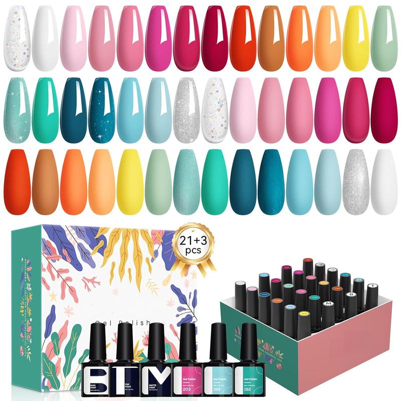 24pcs gel nail polish set, 21 colors, peelable gel nail set, nude pink red blue green yellow orange nail polish set, matte nail set with base coat