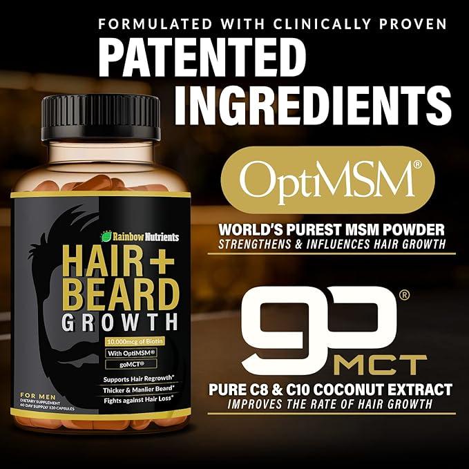 Hair + Beard Growth Vitamins for Men | Biotin 10,000mcg, Collagen, Patented OptiMSM, goMCT, Saw Palmetto | 60 Day Supply | Naturally Regrow Stronger, Thicker, Healthier Hair & Stops Hair Los