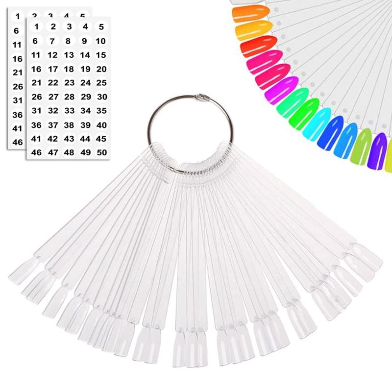 50 Pcs Clear Fan-shaped Nail Swatch Sticks with Ring and Numbered Tips for Polish Practice