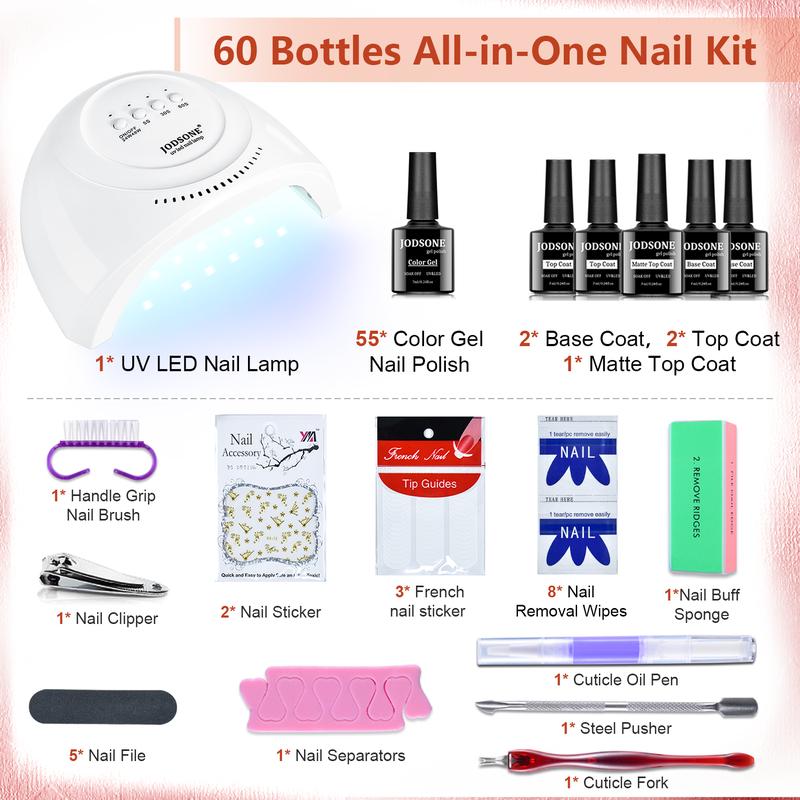 JODSONE 60 PCS Gel Nail Polish Kit with U V Light Base and Matte Glossy Top Coat Nail Gel Polish Soak off Manicure Accessory Tools Suitable for All Seasons led  nail lamp nail file