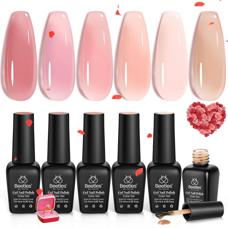 Beetles Winter Gel Nail Polish Set, 6 Colors Jelly Gel Polish Nude Pink Gel Neutral Nail Art Design Translucent Gel Nail Kits Soak Off Uv Nail Lamp Cured Nail Manicure DIY Home for Women