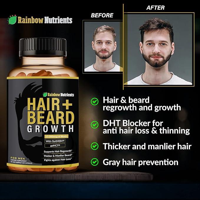 Hair + Beard Growth Vitamins for Men | Biotin 10,000mcg, Collagen, Patented OptiMSM, goMCT, Saw Palmetto | 60 Day Supply | Naturally Regrow Stronger, Thicker, Healthier Hair & Stops Hair Los