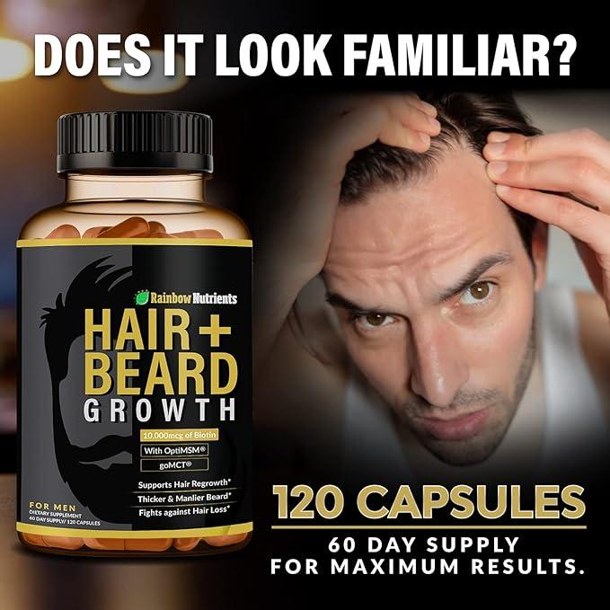 Hair + Beard Growth Vitamins for Men | Biotin 10,000mcg, Collagen, Patented OptiMSM, goMCT, Saw Palmetto | 60 Day Supply | Naturally Regrow Stronger, Thicker, Healthier Hair & Stops Hair Los