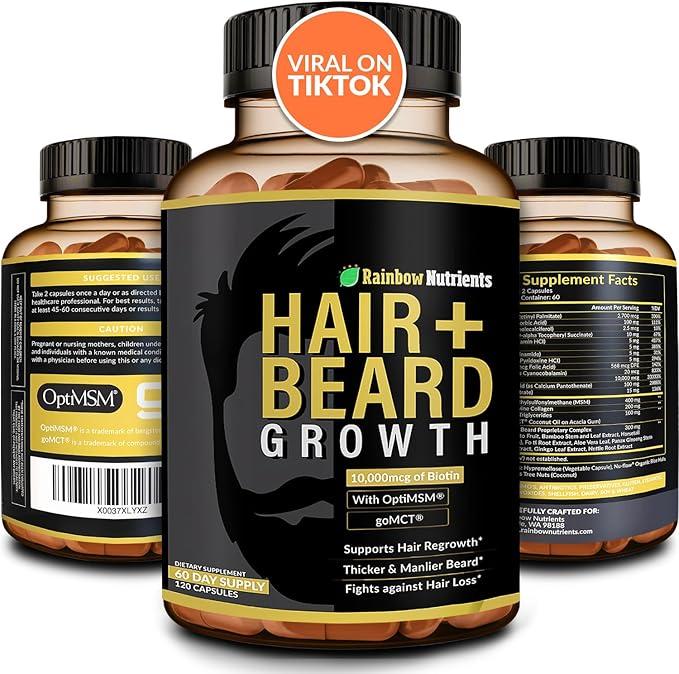 Hair + Beard Growth Vitamins for Men | Biotin 10,000mcg, Collagen, Patented OptiMSM, goMCT, Saw Palmetto | 60 Day Supply | Naturally Regrow Stronger, Thicker, Healthier Hair & Stops Hair Los