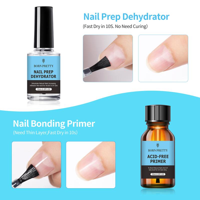 BORN PRETTY Natural Nail Prep Dehydrate and Bond Primer Acid-Free Dehydrator for Acrylic and Gel Nail Polish Non Acid Primer for UV Gels Fast Dry Superior Bonding Agent Gift Box Set For Nail Art Nail Care