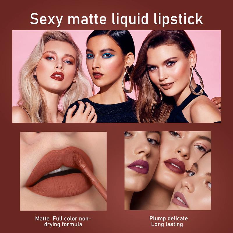 Matte Liquid Lipstick Set, 6pcs Nude Lipsticks Makeup Kit for Women, Velvet Lip Gloss, Waterproof - Daily, Moisturizing