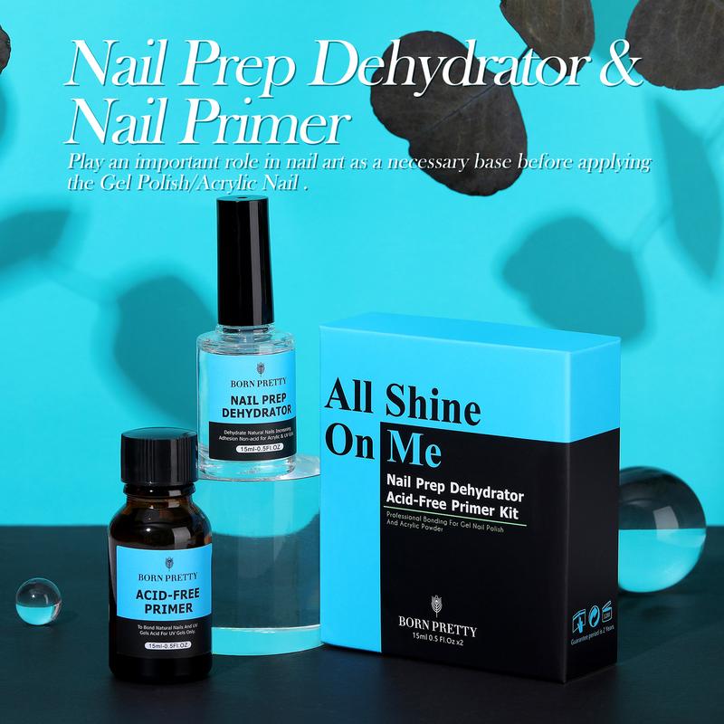 BORN PRETTY Natural Nail Prep Dehydrate and Bond Primer Acid-Free Dehydrator for Acrylic and Gel Nail Polish Non Acid Primer for UV Gels Fast Dry Superior Bonding Agent Gift Box Set For Nail Art Nail Care