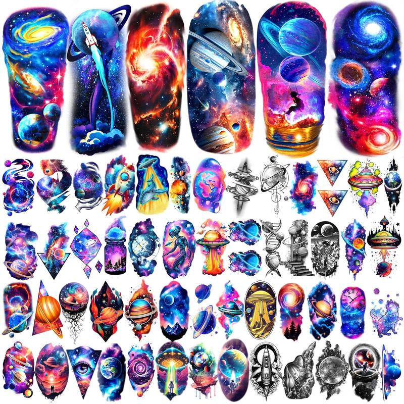 77 Sheets Temporary , 17 Sheets Space Planet Astronaut Rockets Half Sleeve  Tattoos for Adults Men Women, 60 Sheets Small Tattoos Stickers  Lasting for Boys Girls Party Supplies