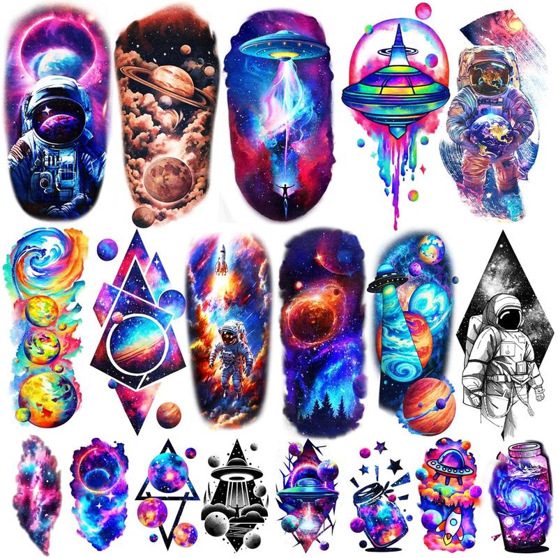 77 Sheets Temporary , 17 Sheets Space Planet Astronaut Rockets Half Sleeve  Tattoos for Adults Men Women, 60 Sheets Small Tattoos Stickers  Lasting for Boys Girls Party Supplies