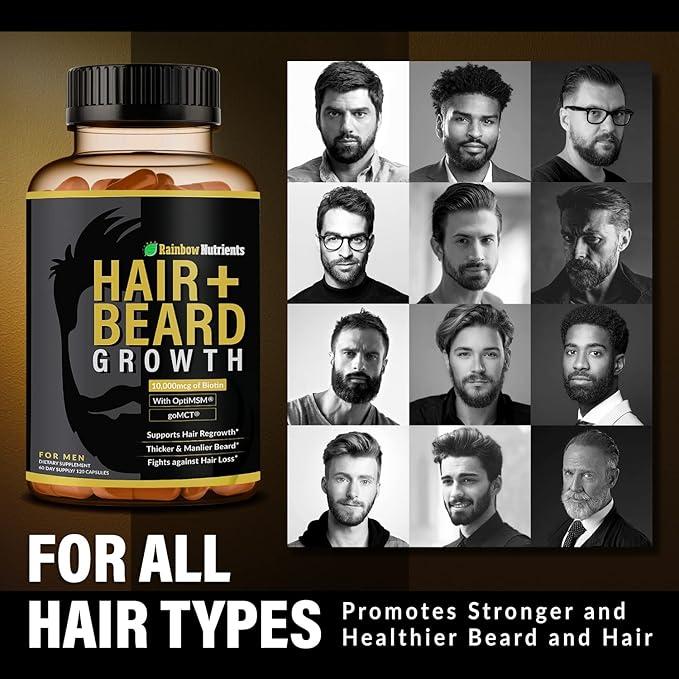 Hair + Beard Growth Vitamins for Men | Biotin 10,000mcg, Collagen, Patented OptiMSM, goMCT, Saw Palmetto | 60 Day Supply | Naturally Regrow Stronger, Thicker, Healthier Hair & Stops Hair Los