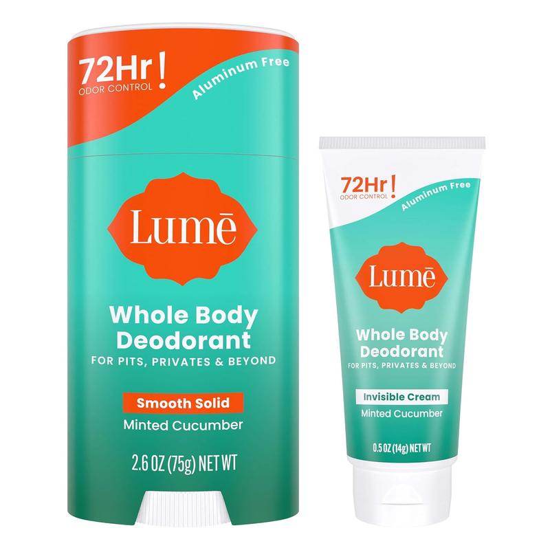 Lume Whole Body Deodorant - Invisible Cream Tube Mini and Solid Stick Bundle - 72 Hour Odor Control - Aluminum & Baking Soda Free, Skin Loving (Toasted Coconut)