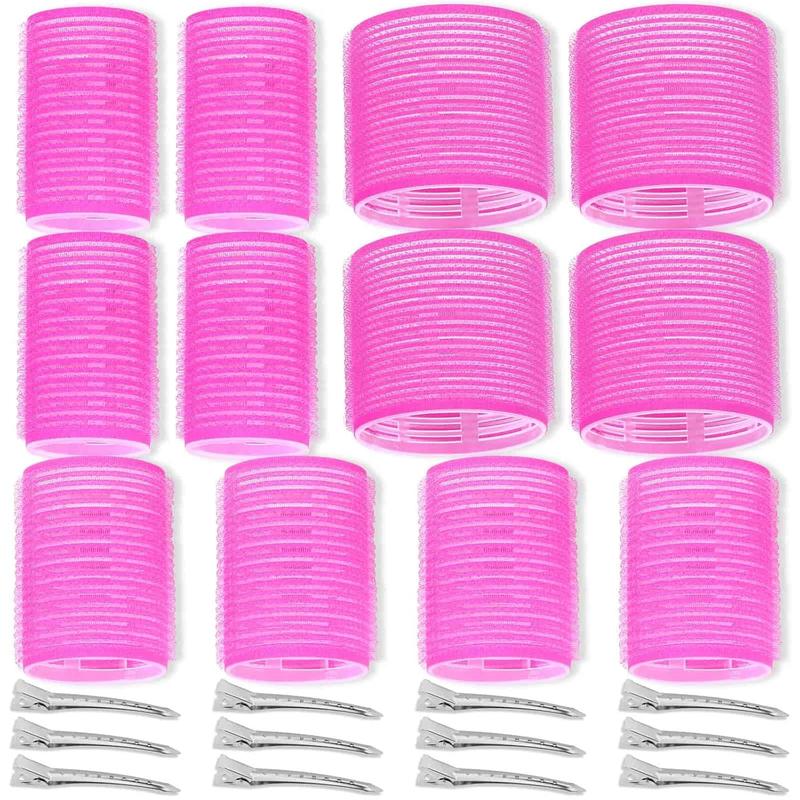 Self Grip Hair Rollers and Curlers Set - 24 Pieces with 3 Sizes (4 Jumbo, 4 Large, 4 Medium) and 12 Clips for Long, Short, Thick, Fine Hair Styling