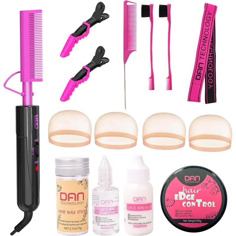 Hot Comb Set with Edge Control Gel, Hair Wax Stick, Wig Glue, Wig Glue Remover, Lace Melting Band, Rat Tail Comb, Hair Edge Brush, Salon Styling Clips for Lace Front Wigs.