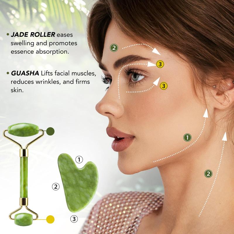 Gua Sha Facial Tools & Jade Roller Set for Skin Care, Reduce Puffiness and Improve Wrinkles, Guasha Tool for Face, Gua Sha Stone Self Care Gift for Woman Man, Christmas Gifts