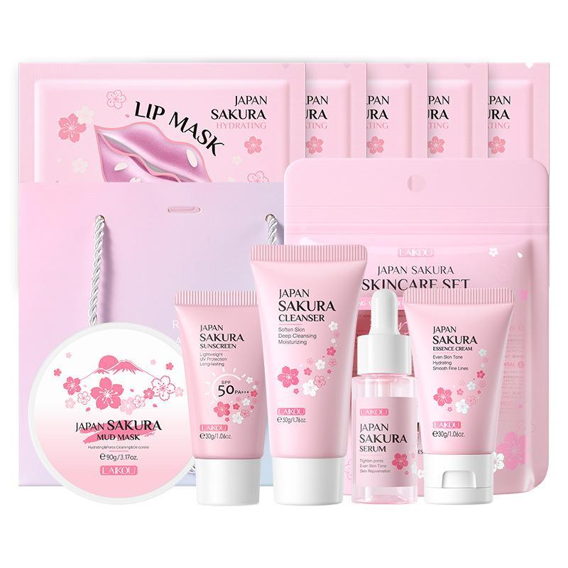 Sakura Skincare Set, 10pcs set Facial Skin Care Kit, Including Mud Mask, Sunscreen, Eye Cream, Face Cream, Lip Mask, Skin Care Kit for Women