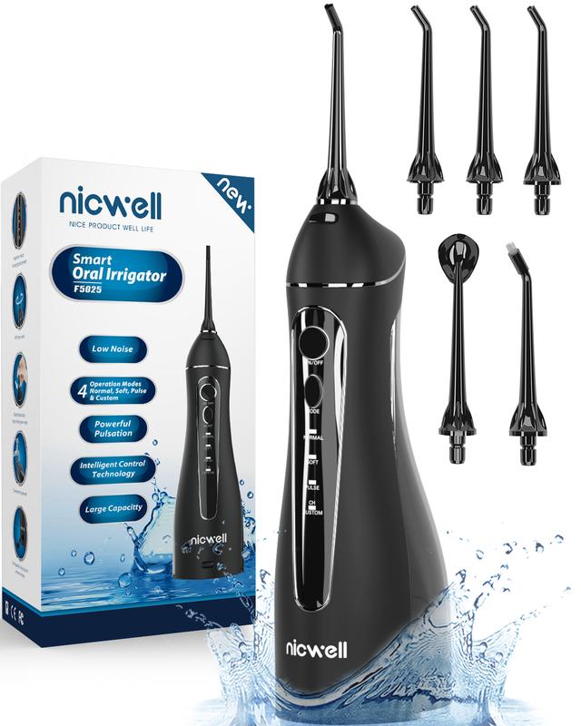 Nicwell Water Dental Flosser Teeth Pick 4 Modes Dental Oral Irrigator, Portable & Rechargeable IPX7 Waterproof Personal Orthodontic Supplie Water Teeth Cleaner Picks for Home Travel Cordless Handle Lightweight