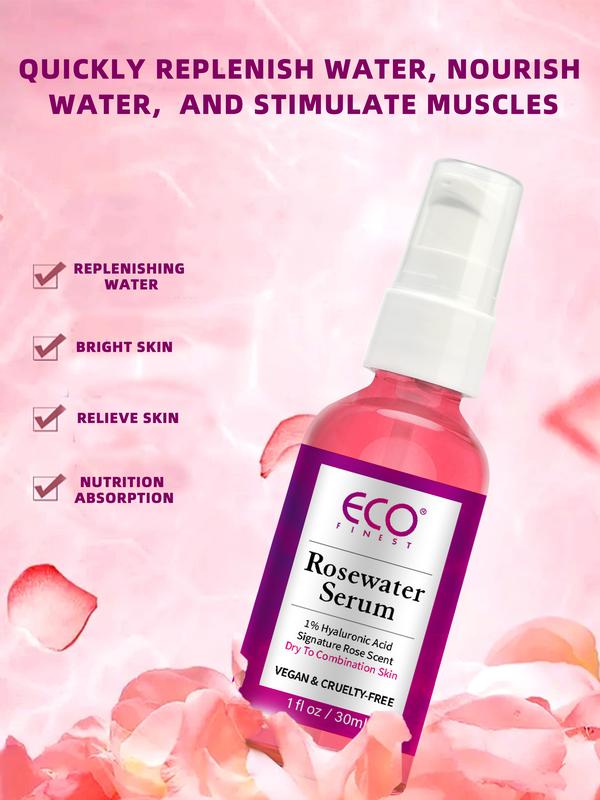 ECO Finest Rose Water Essence Serum with 1% Hyaluronic Acid for Deep Moisturizing, Skin Repair, and Radiant Skin, 1 Ounce Skin Repair Radiant