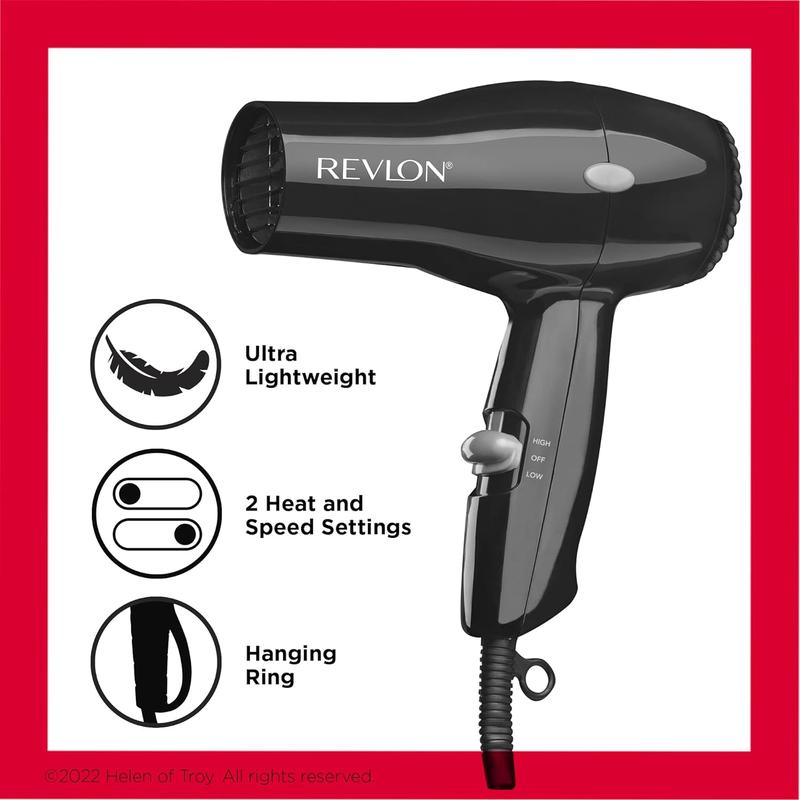 REVLON Travel Hair Dryer | Salon-Style Blowouts, Lightweight Design, 1875 Watts for Fast Drying with 2 Heat & Speed Settings for Drying and Styling Flexibility (Black) Helen of Troy