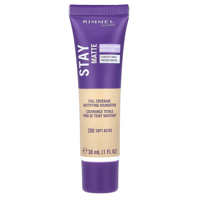 Rimmel London Stay Matte, Full Coverage Mattifying Foundation, 200 Soft Beige, 1 fl oz (30 ml)