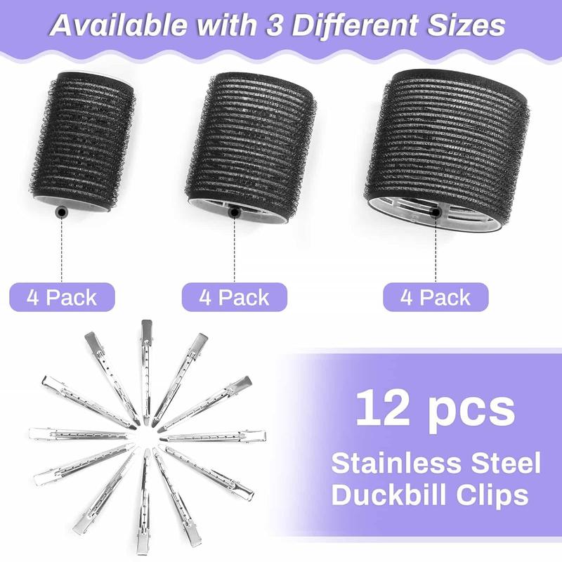 Self Grip Hair Rollers and Curlers Set - 24 Pieces with 3 Sizes (4 Jumbo, 4 Large, 4 Medium) and 12 Clips for Long, Short, Thick, Fine Hair Styling