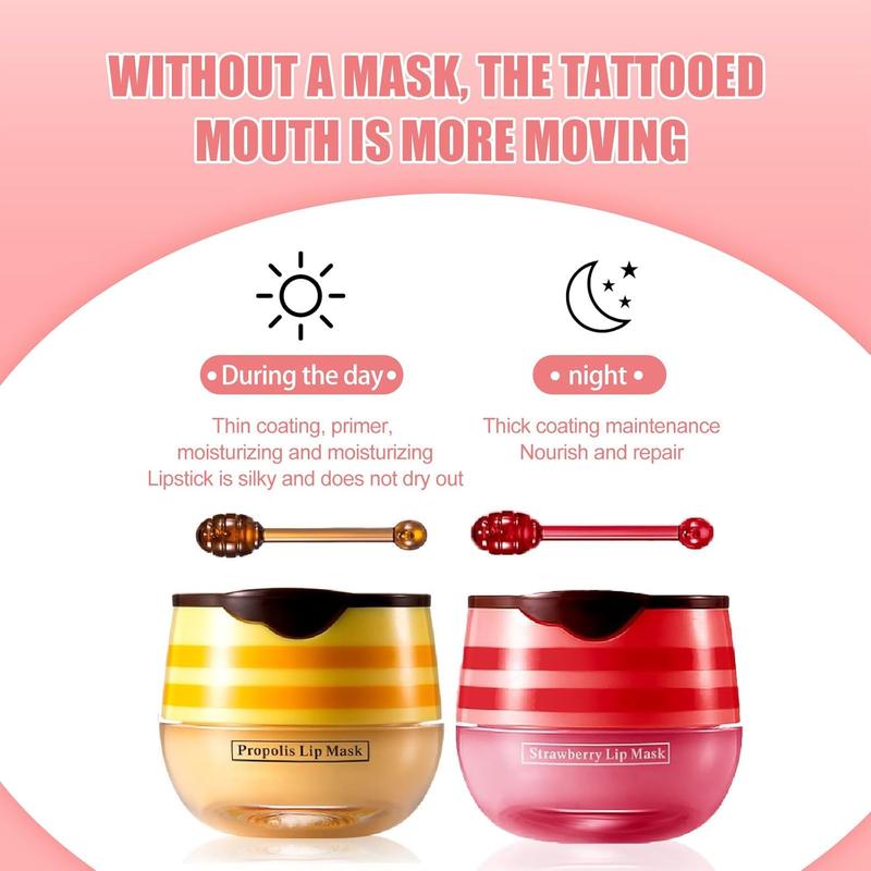 2 Pcs Lip Balm Honey Pot, Honey & Strawberry Moisturizing Lip Mask Reduces Lip Lines and Exfoliator Gift Moisture