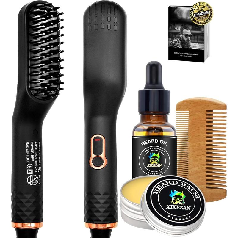 Upgraded 3-in-1 Hair Straightening Brush, Beard Balm, Beard Oil & Guide E-Book, Unique Grooming Gift Set for Men, Dad, Husband or Boyfriend