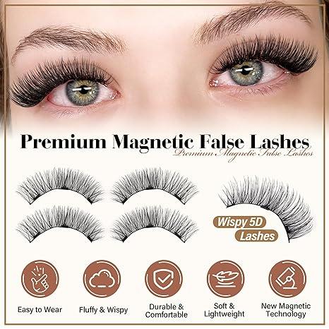 Eyelashes Natural Look Magnetic Lashes Reusable 5D Magnetic False Eyelashes without Eyeliner, Wispy Fluffy Magnetic Lashes with Applicator No Glue or Liner Needed (1 Pair Natural)