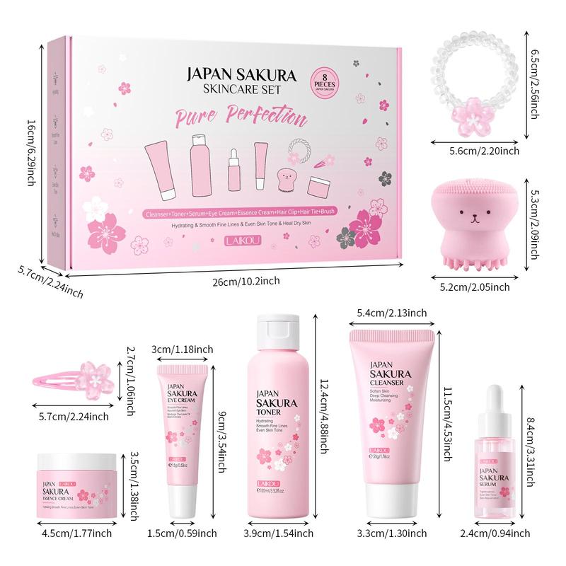 Sakura Skincare Kit (8 Counts set), Cleanser, Toner, Serum, Eye Cream, Essence Cream, Hair Tie, Hair Clip & Cleansing Brush, Skin Care Kit for Women