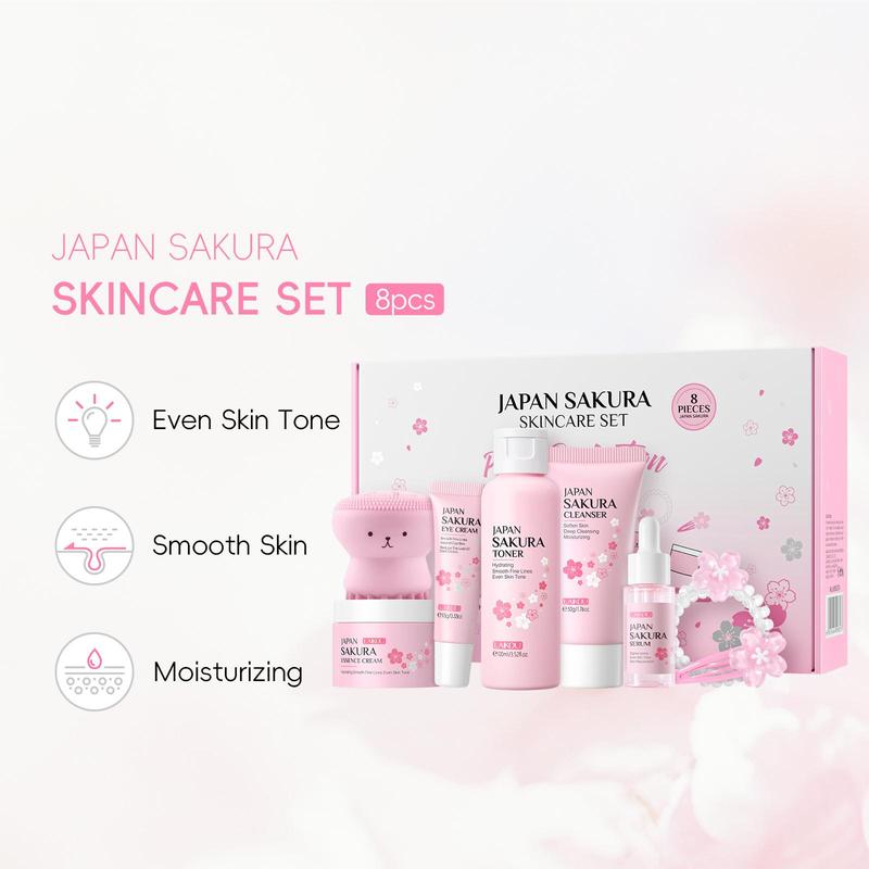 Sakura Skincare Kit (8 Counts set), Cleanser, Toner, Serum, Eye Cream, Essence Cream, Hair Tie, Hair Clip & Cleansing Brush, Skin Care Kit for Women