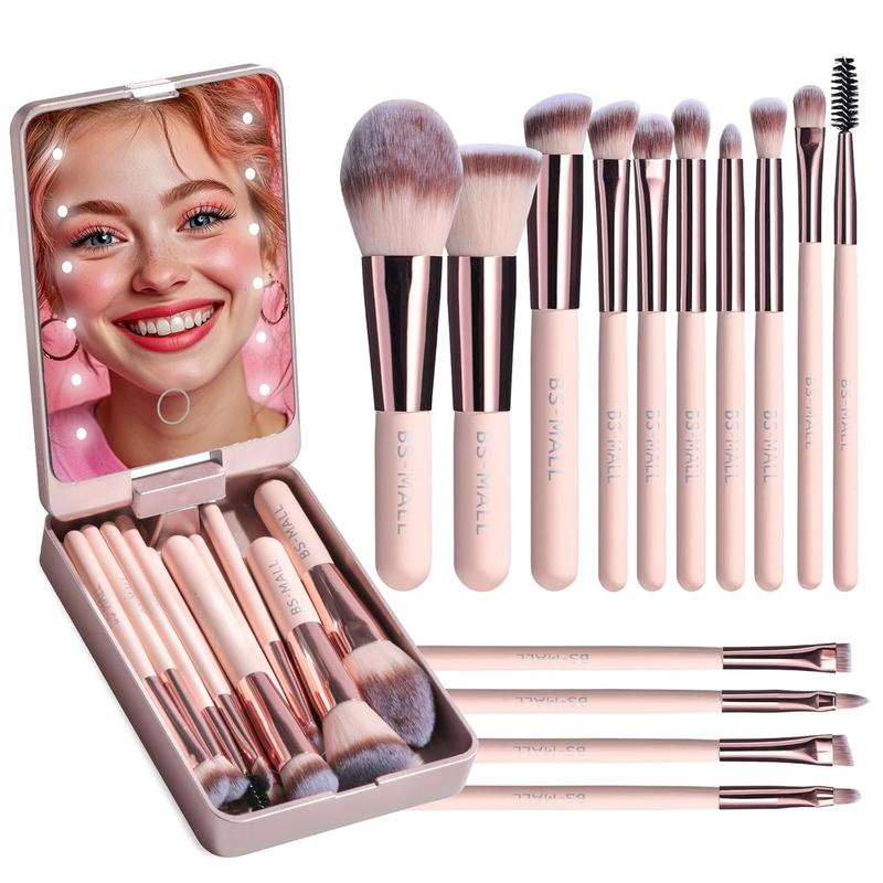 Travel Makeup Brush Set Foundation Powder Concealers Eye Shadows Makeup Set with LED light Mirror 14 Pcs Mini Makeup Brushes