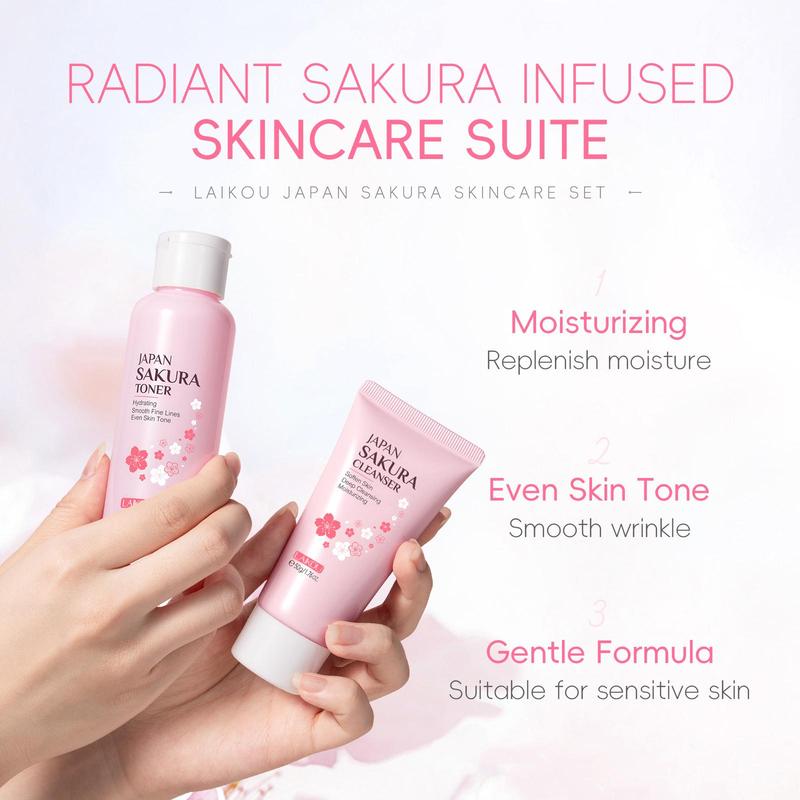 Sakura Skincare Kit (8 Counts set), Cleanser, Toner, Serum, Eye Cream, Essence Cream, Hair Tie, Hair Clip & Cleansing Brush, Skin Care Kit for Women