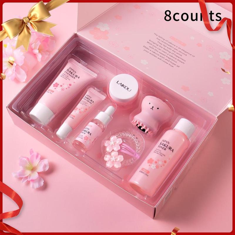 Sakura Skincare Kit (8 Counts set), Cleanser, Toner, Serum, Eye Cream, Essence Cream, Hair Tie, Hair Clip & Cleansing Brush, Skin Care Kit for Women