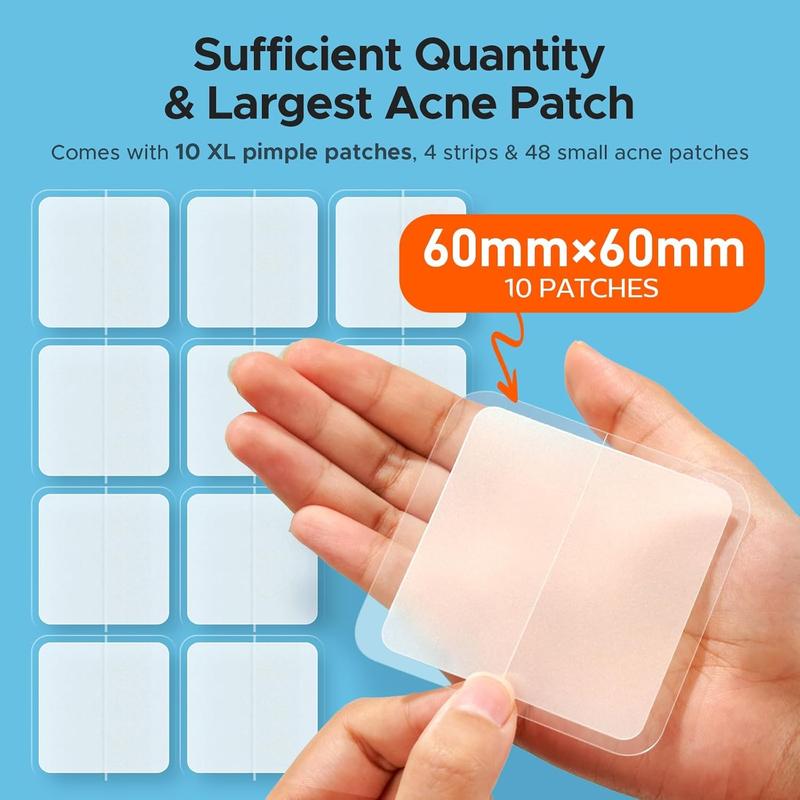 Large Pimple Patches (5 Sizes 62 Patches), 60 mm XL Acne Patches for Zit Breakouts, Big Hydrocolloid Bandages for Body, Face, Forehead, Back, Neck & Chest, Square, Oval, Dot Hydrocolloid Patch