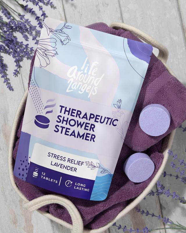 Lifearound2angels Therapeutic Shower Steamer 12 Pack Made in USA Stress Relief Lavender Shower Vapor Shower Bomb Tablets Self Care Relaxation Gifts for Women Spa Christmas Gifts Stocking Stuffer