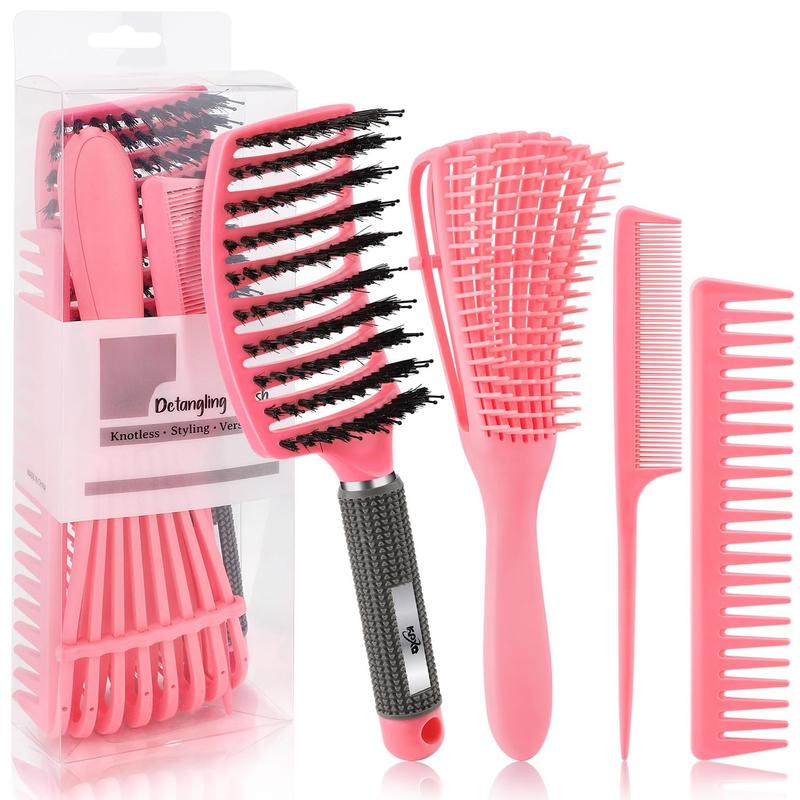 4 count Curly Brush Set for Adult &  Wet or Dry Hair, Detangling Brush for 3 4ABC Hair with Wide Tooth Comb (4, Pink)