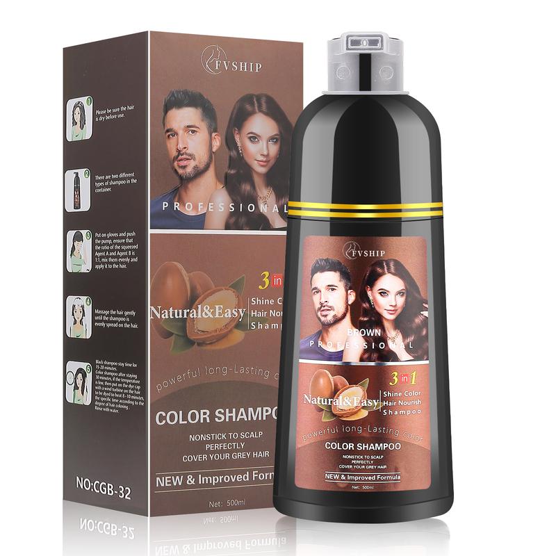 FVSHIP Chestnut Brown Hair & Black Hair Dye Shampoo Instant Hair Color Shampoo for Gray Hair Coverage, Herbal Brown Hair Dye Shampoo 3 in 1 for Men Women Long Lasting & Coverage Haircare 500ml