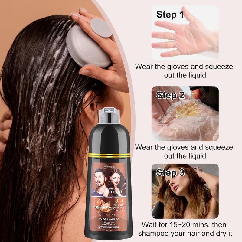 FVSHIP Chestnut Brown Hair & Black Hair Dye Shampoo Instant Hair Color Shampoo for Gray Hair Coverage, Herbal Brown Hair Dye Shampoo 3 in 1 for Men Women Long Lasting & Coverage Haircare 500ml