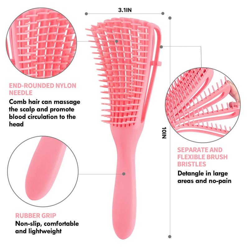 4 count Curly Brush Set for Adult &  Wet or Dry Hair, Detangling Brush for 3 4ABC Hair with Wide Tooth Comb (4, Pink)