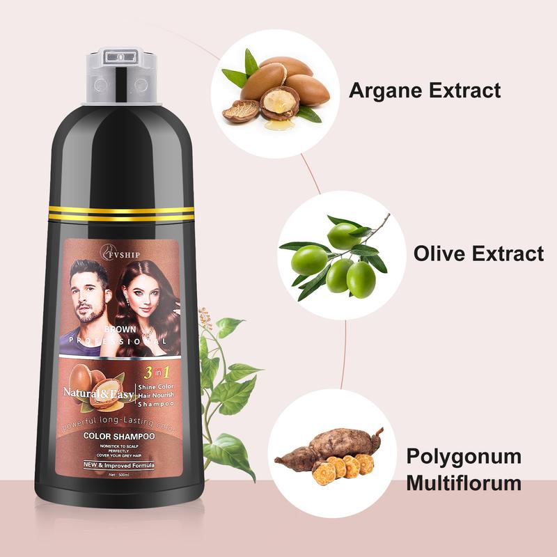 FVSHIP Chestnut Brown Hair & Black Hair Dye Shampoo Instant Hair Color Shampoo for Gray Hair Coverage, Herbal Brown Hair Dye Shampoo 3 in 1 for Men Women Long Lasting & Coverage Haircare 500ml