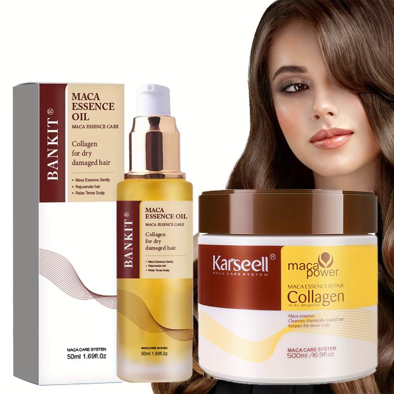 Karseell Collagen Hair Care Mask Conditioner 16.9 Oz 500 Ml + BankIt Maca Essence Oil, Suitable for Dry Damaged Hair, Suitable for All Hairstyles 50 Ml