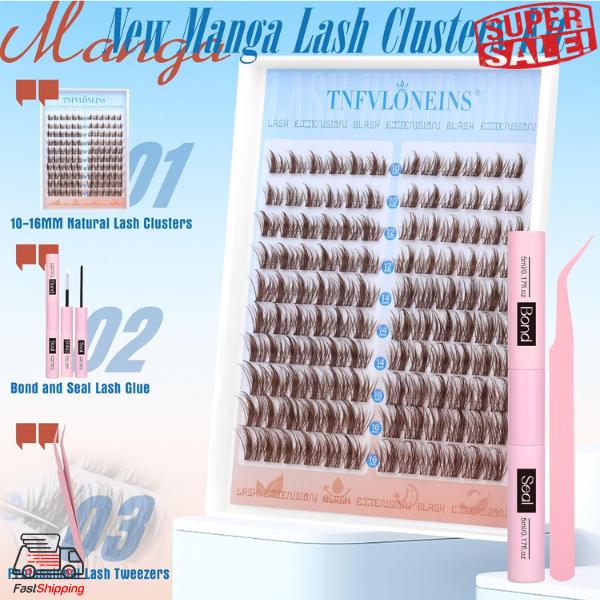 TNFVLONEINS, Brown Lash Clusters Kit Manga Lash Extension Kit Natural Eyelash Clusters Wispy 10-16MM Individual Lashes Clusters Anime Eyelash Extension Kit with Bond and Seal and Tweezers