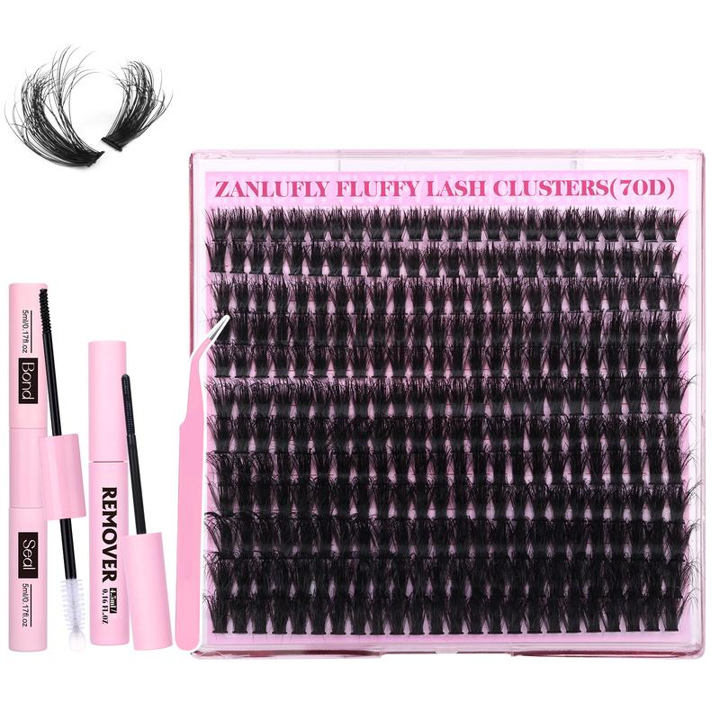 zanlufly Fluffy Lash Clusters Kit D Curl Thick Eyelashes 10-18MM Fluffy Eyelashes Extensions Bond Seal and Remover 70D Lash Extension Kit Cosmetic