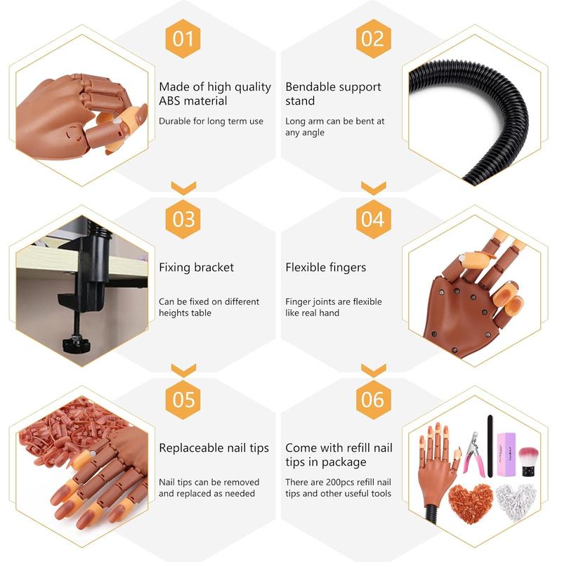 Practice Hand for  Nails, Flexible  Practice Hands  Kits,  Manican Hands for Nails Practice, Movable  Maniquin Hand with 300 count  Tips, File, Brush and Clipper