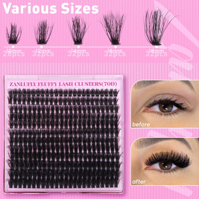 zanlufly Fluffy Lash Clusters Kit D Curl Thick Eyelashes 10-18MM Fluffy Eyelashes Extensions Bond Seal and Remover 70D Lash Extension Kit Cosmetic